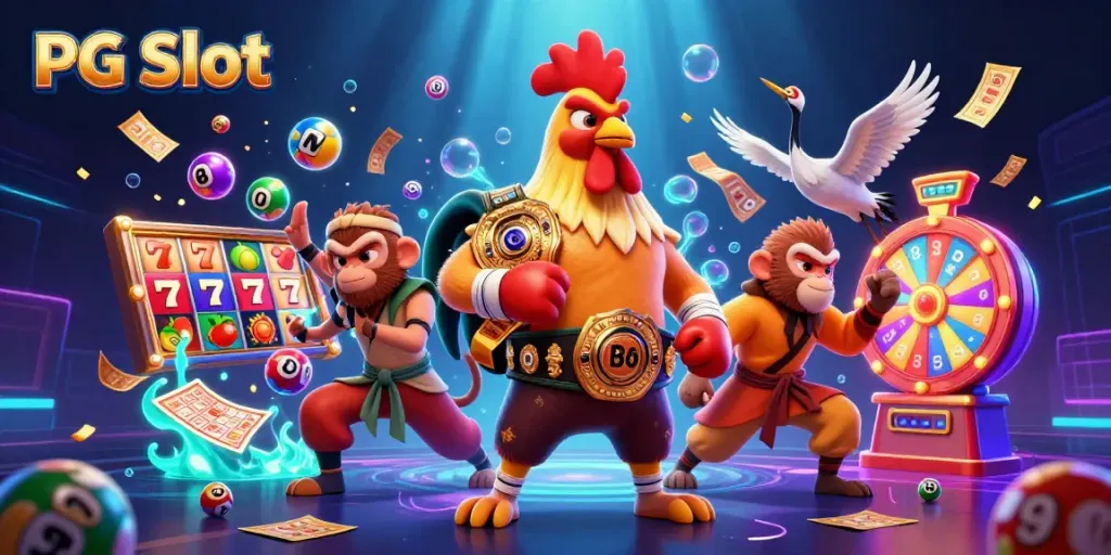 Engage with PG Slot action in a vibrant 3D casino scene featuring unique characters and dynamic game elements.