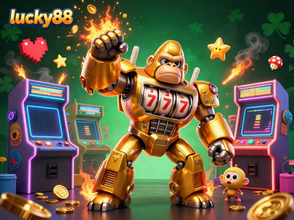 Experience the excitement of lucky88 with a golden gorilla mech and vibrant arcade elements.