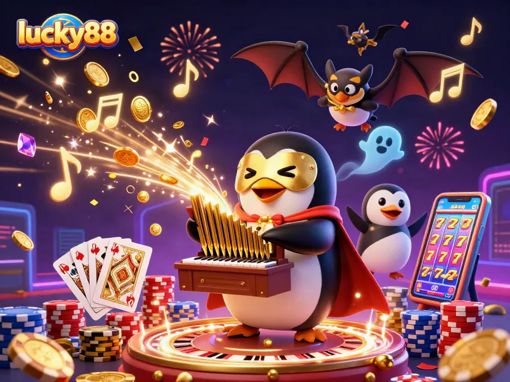 Join lucky88's thrilling casino experience with a cartoon penguin playing a golden pipe organ, shooting coins!