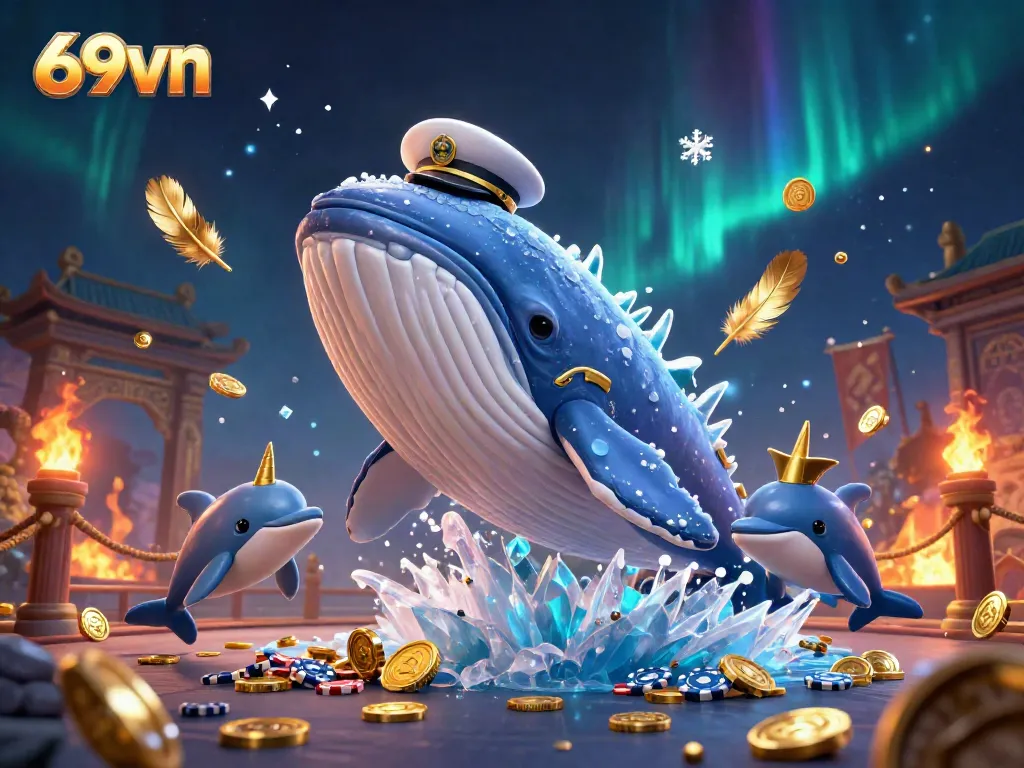 Experience thrilling gameplay with 69vn as a giant whale captain emerges in a vibrant casino scene.