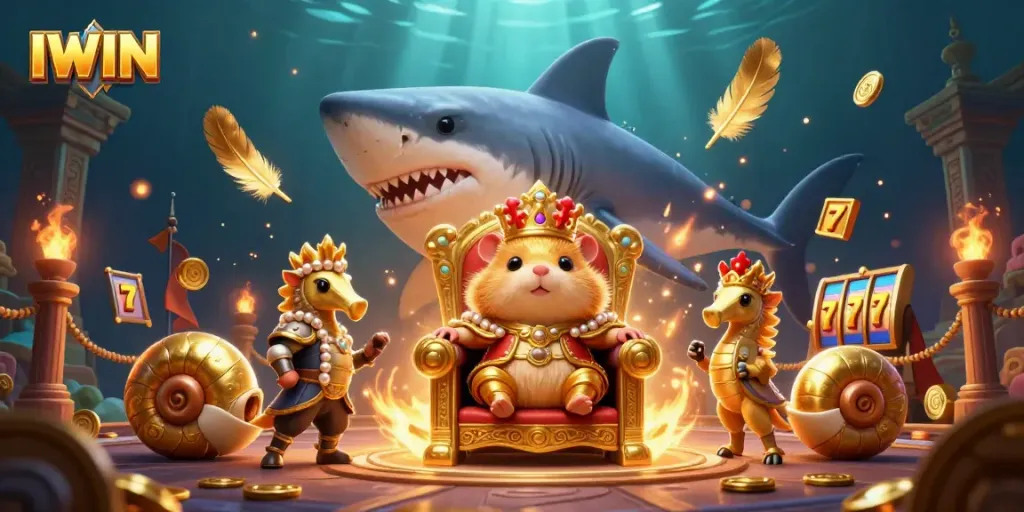 IWIN casino game features a fierce hamster king with seahorse guards and vibrant gambling elements.