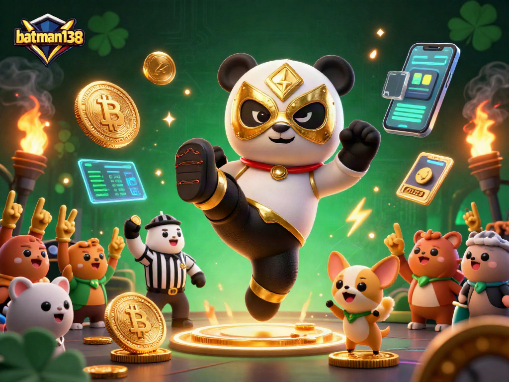 Experience exciting gaming action with batman138 as a panda wrestler kicks high amid vibrant crypto elements.