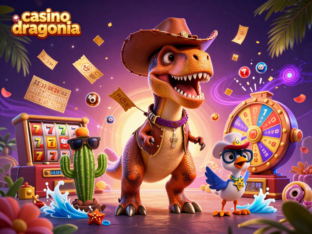 Découvrez le casino dragonia avec un T-rex cowboy et des éléments de jeux de machine à sous.