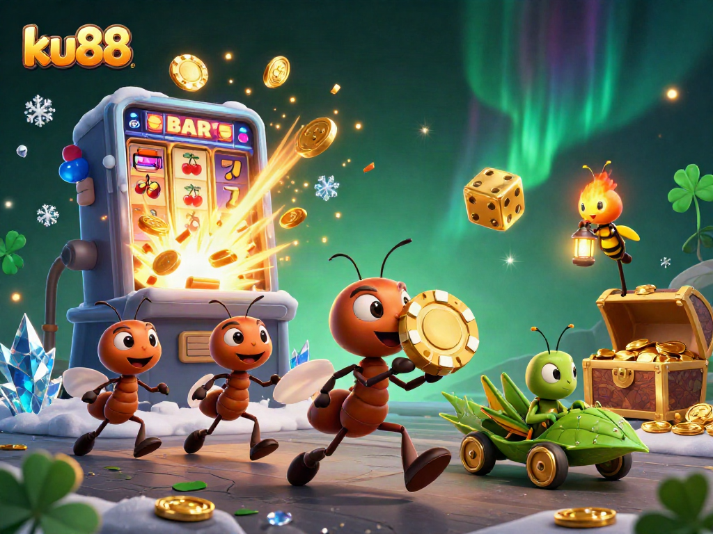 ku88 reveals a thrilling heist scene with ants carrying a giant poker chip in a vibrant casino universe.