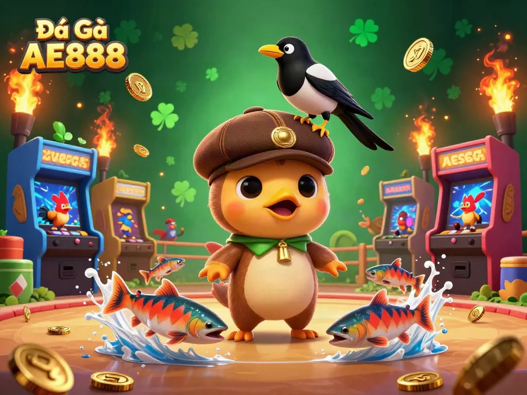 Engaging scene of Đá Gà AE888 featuring a baby Nessie with a magpie, set in an energetic cockfighting arena.