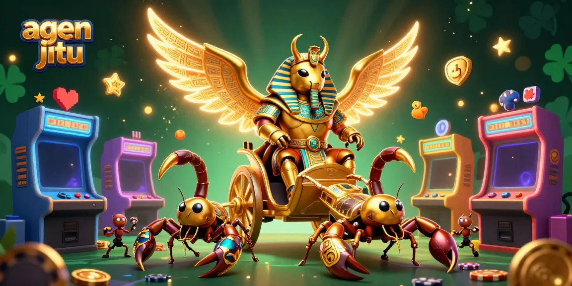 Ilustrasi agen jitu menampilkan scarab emas besar dan elemen permainan kasino yang menarik.
