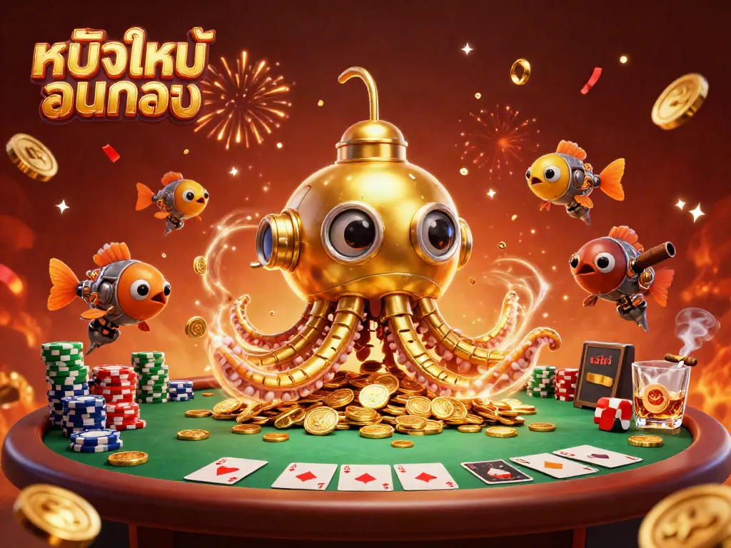 Engage in thrilling หนังใหม่ชนโรง action with a golden kraken submarine amidst poker excitement and cigar ambiance.