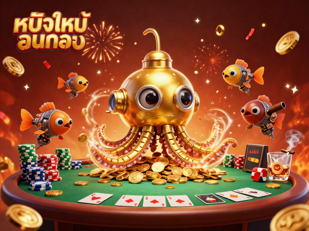 Engage in thrilling หนังใหม่ชนโรง action with a golden kraken submarine amidst poker excitement and cigar ambiance.