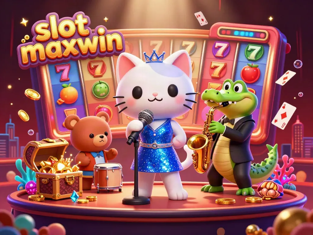 Experience the thrill of slot maxwin with dynamic characters in a grand casino scene filled with exciting game elements.
