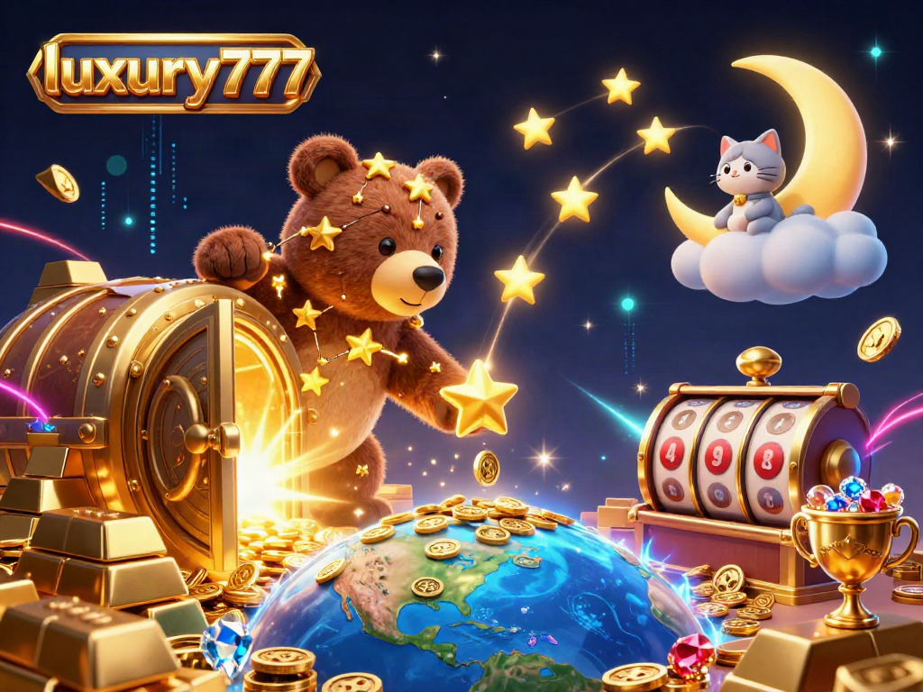 luxury777 menawarkan pengalaman bermain slot dalam ilustrasi menarik dengan kucing bulan dan bintang.