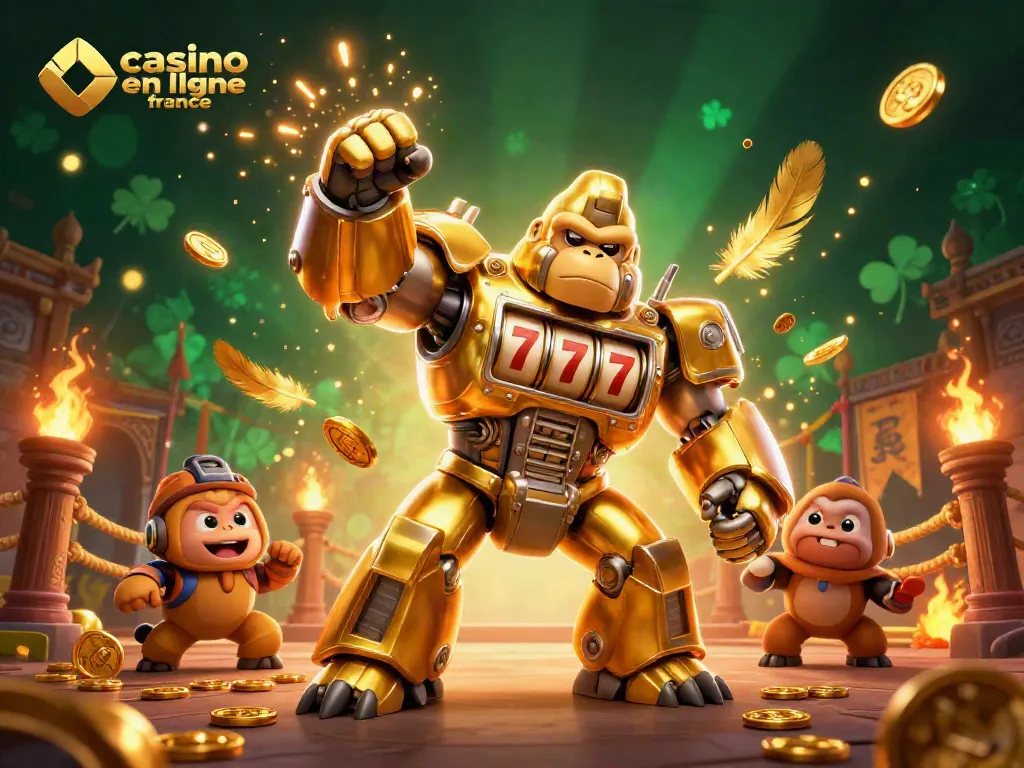 Experience thrilling gameplay at casino en ligne France with a dynamic golden gorilla mech and vibrant casino elements.