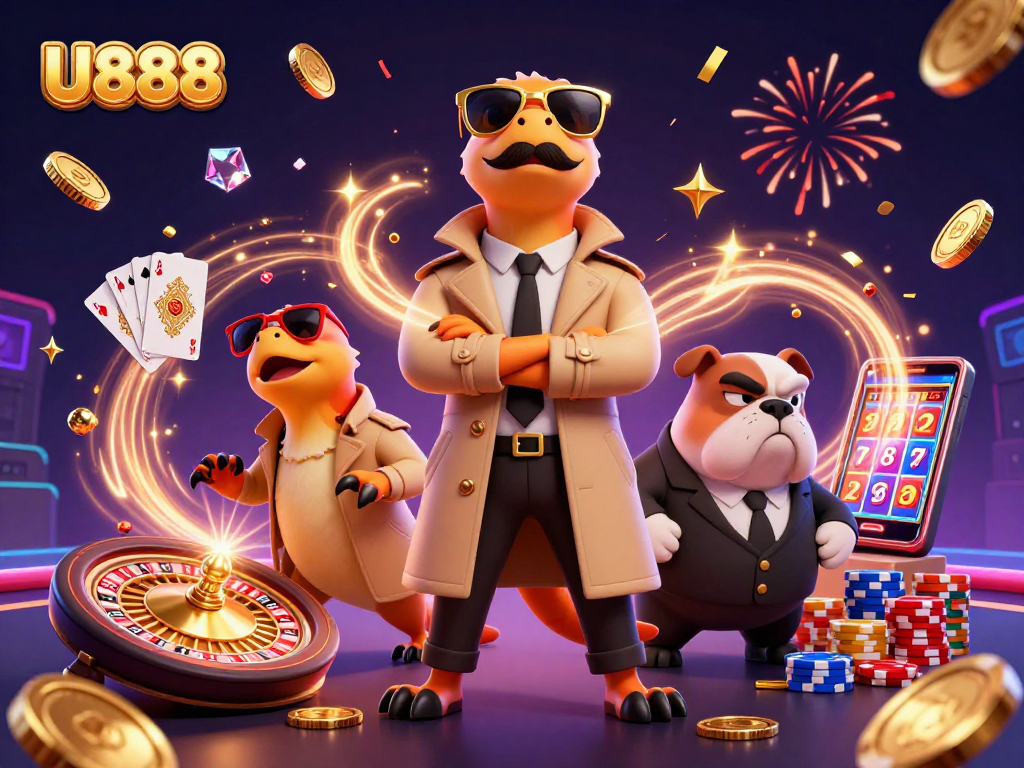 U888 players vying for big wins in a vibrant casino scene with dynamic gaming elements.