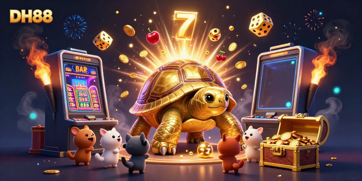 Experience the excitement of DH88 with a golden tortoise pinball machine and vibrant casino game elements.