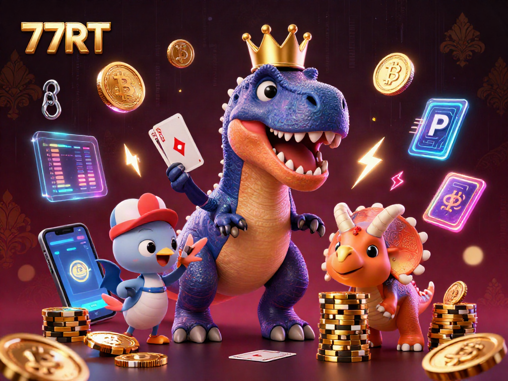 77RT immerses players in a 3D vibrant casino adventure with cartoon dino characters.