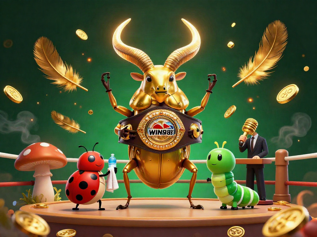 Experience the excitement of WIN88 with a vibrant 3D cartoon scene featuring a golden stag beetle champion.