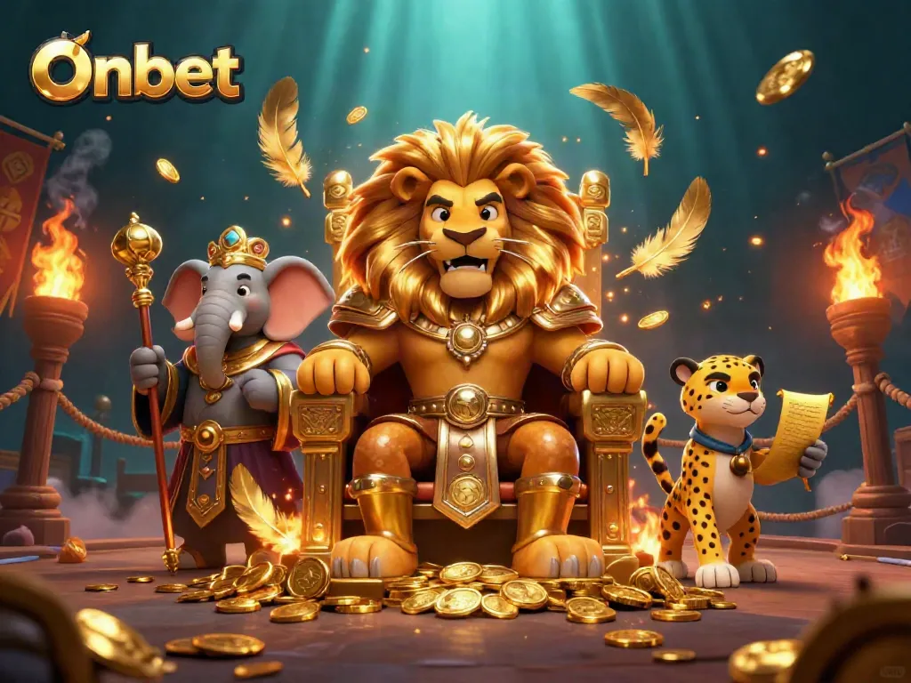 Immerse in Onbet's vibrant 3D casino scene with a lion king, wise elephant, and cheetah.