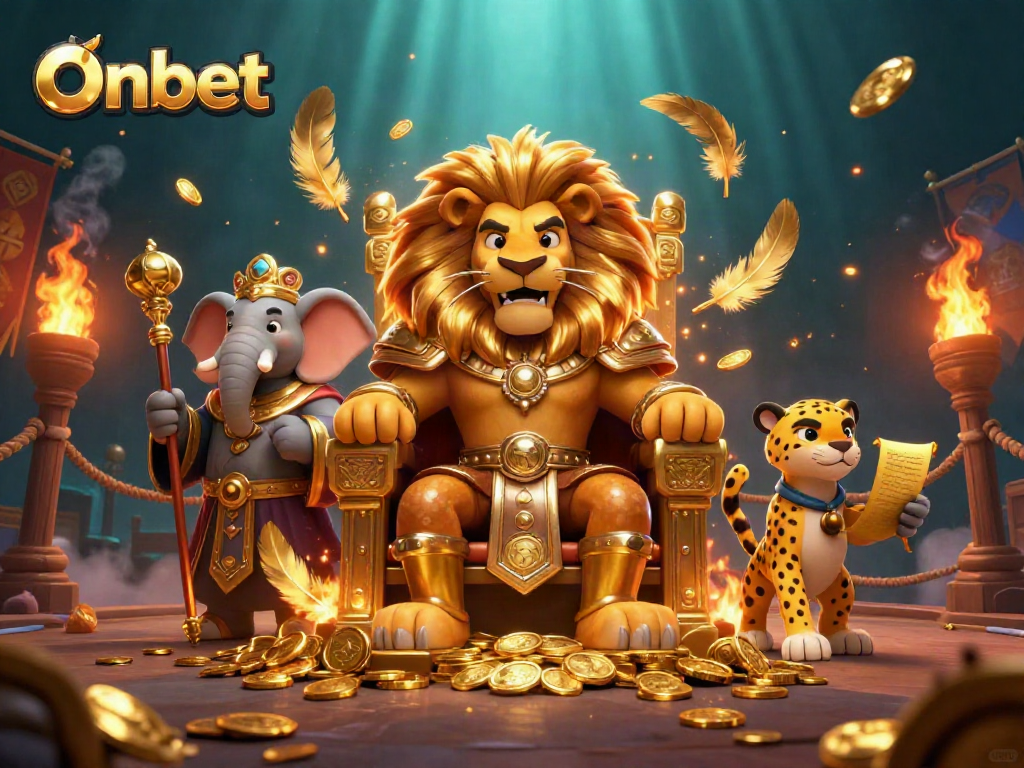 Immerse in Onbet's vibrant 3D casino scene with a lion king, wise elephant, and cheetah.