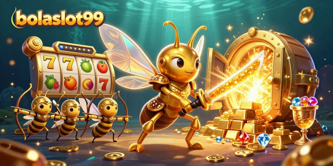 Experience thrilling wins with bolaslot99, depicted by dynamic slot reels and a vibrant golden scene.