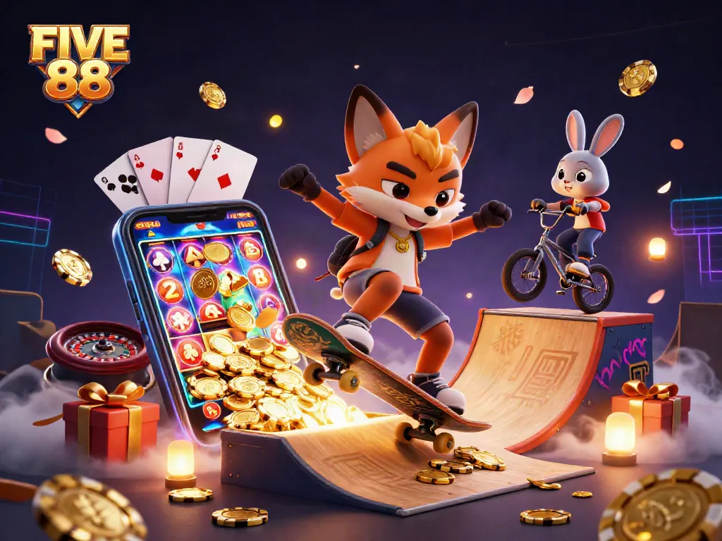 Engage with FIVE 88 casino adventure, featuring animated characters performing gambling-inspired tricks in vibrant settings.