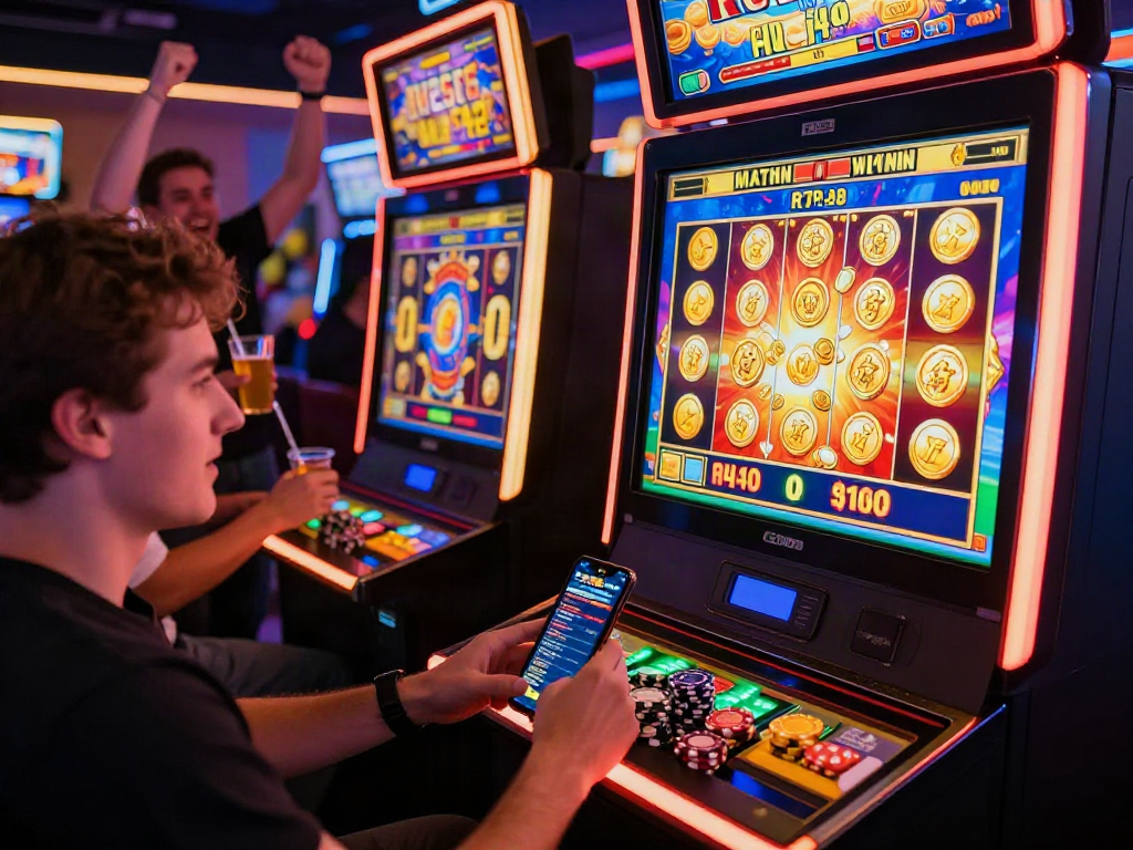 Player enjoying slot gacor maxwin experience with vibrant slot machines and cheering friends in a lively casino atmosphere.