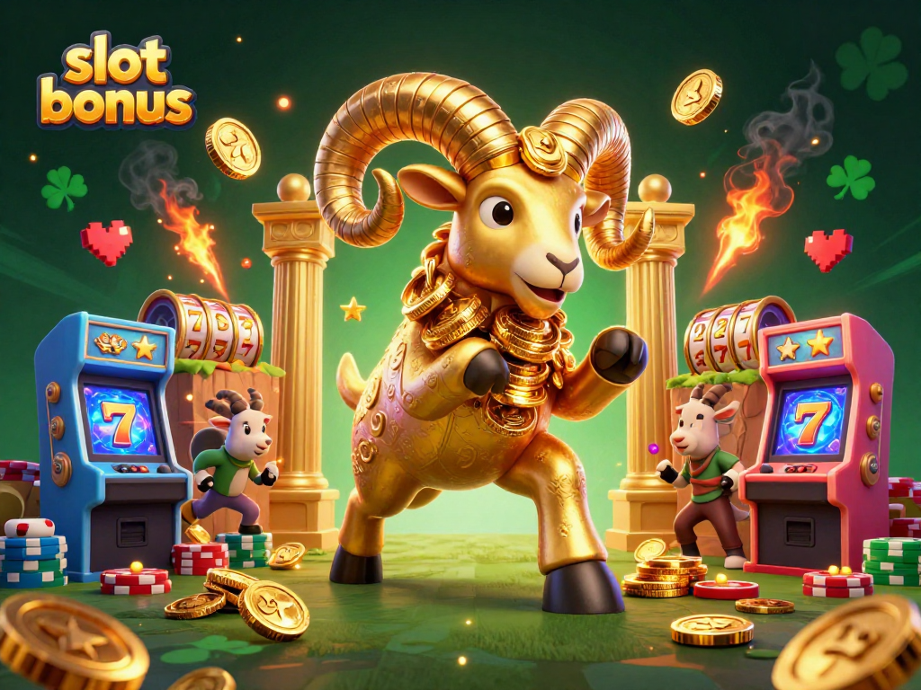 Experience the excitement of slot bonuses with massive golden ram charging through a colorful gaming world.