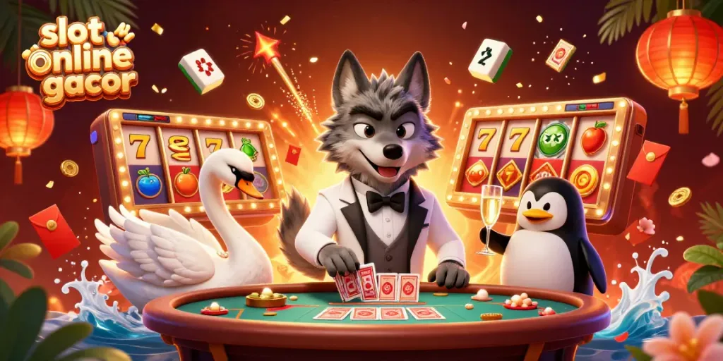 Menggoda pemain slot online gacor dengan gambar serigala bergaya, angsa, dan penguin di kasino.