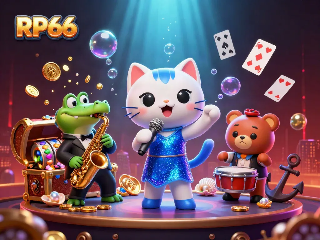 Engage with RP66's vibrant casino scene featuring a singing cat, playing cards, and exploding treasure.