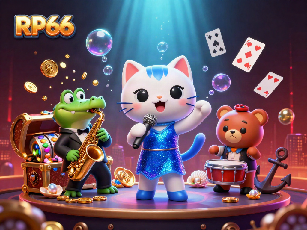 Engage with RP66's vibrant casino scene featuring a singing cat, playing cards, and exploding treasure.