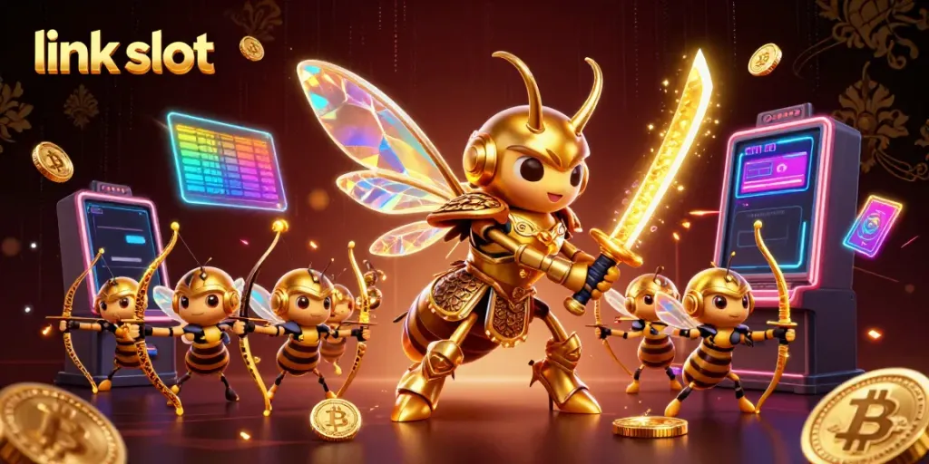 Engage with the link slot's adventure featuring a golden hornet and vibrant slot machine.