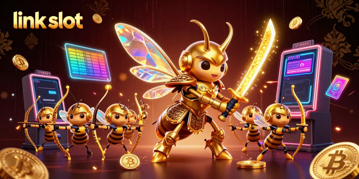 Engage with the link slot's adventure featuring a golden hornet and vibrant slot machine.