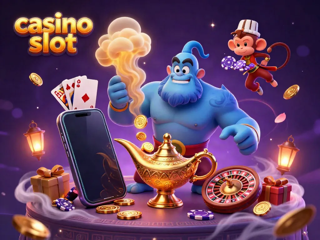 Experience magical casino slot gaming with vibrant genie elements and colorful visuals