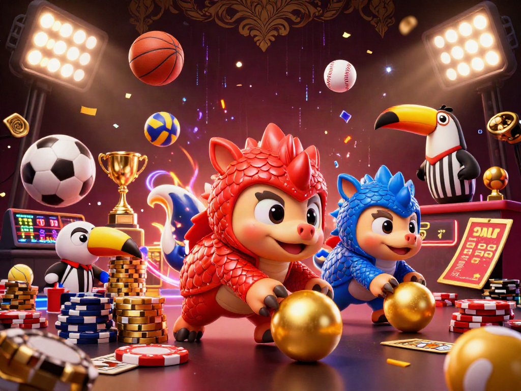 Engage with LGOSUPER as rival pangolins battle in a vibrant 3D casino scene filled with gaming elements.