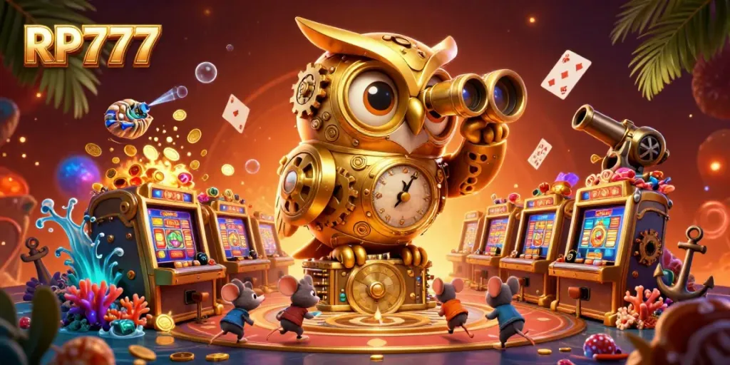 RP777 showcases an energetic casino scene with a golden clockwork owl, wind-up mice, and colorful game-themed elements.