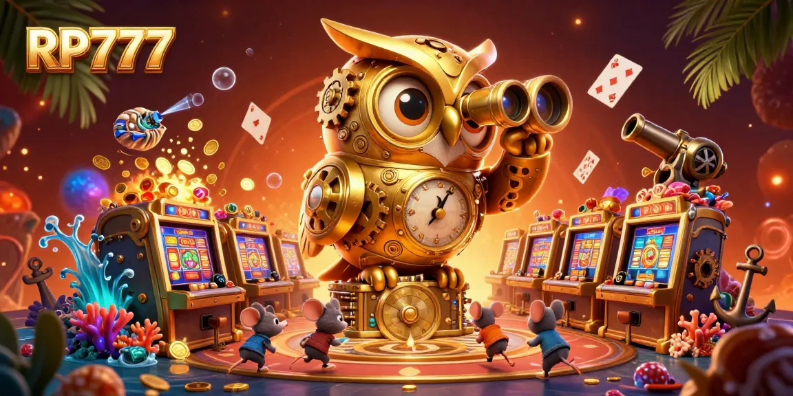 RP777 showcases an energetic casino scene with a golden clockwork owl, wind-up mice, and colorful game-themed elements.