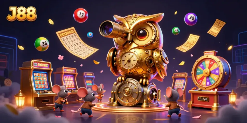 Experience thrilling gameplay in J88 with a golden owl and lively casino scene, showcasing exciting lottery elements.