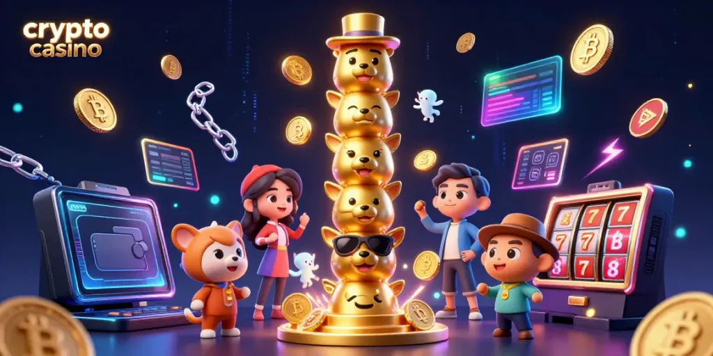 Experience the thrill of the crypto casino with a dynamic totem pole and glowing coins