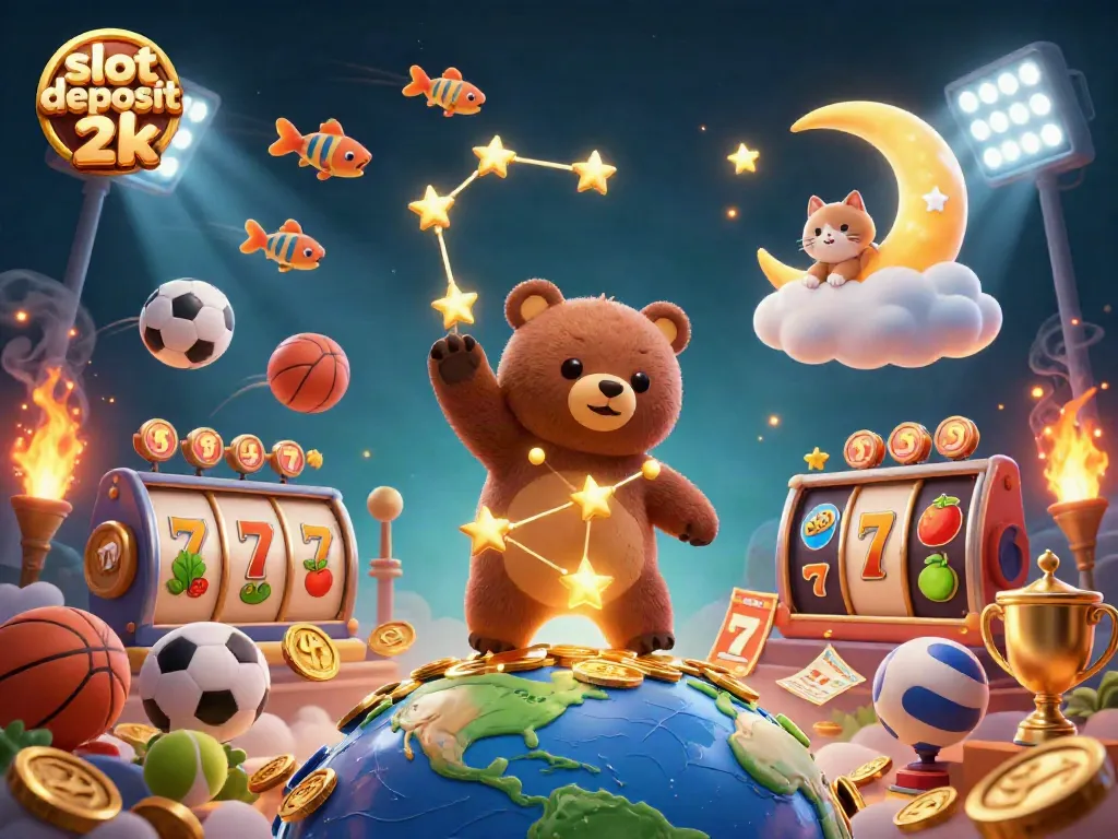 Experience the excitement of slot deposit 2k with vibrant coins and dynamic characters illuminating a night sky.