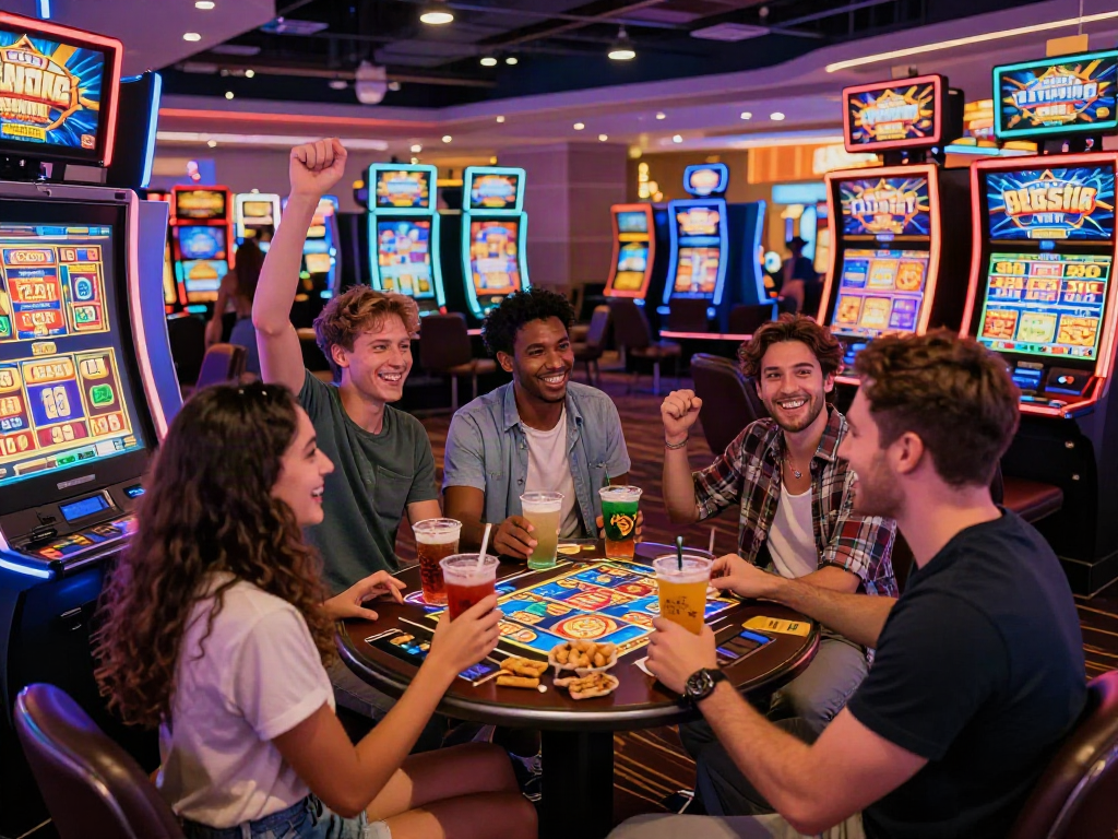 Group of friends celebrating a jackpot win at the Lucky777 casino.